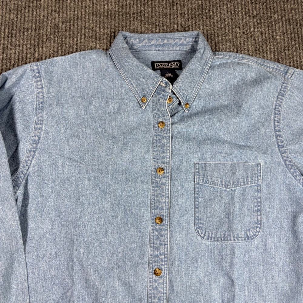 Vintage Lands End Shirt Mens L Blue Denim Button Down Long Sleeve Made in USA - Picture 2 of 6